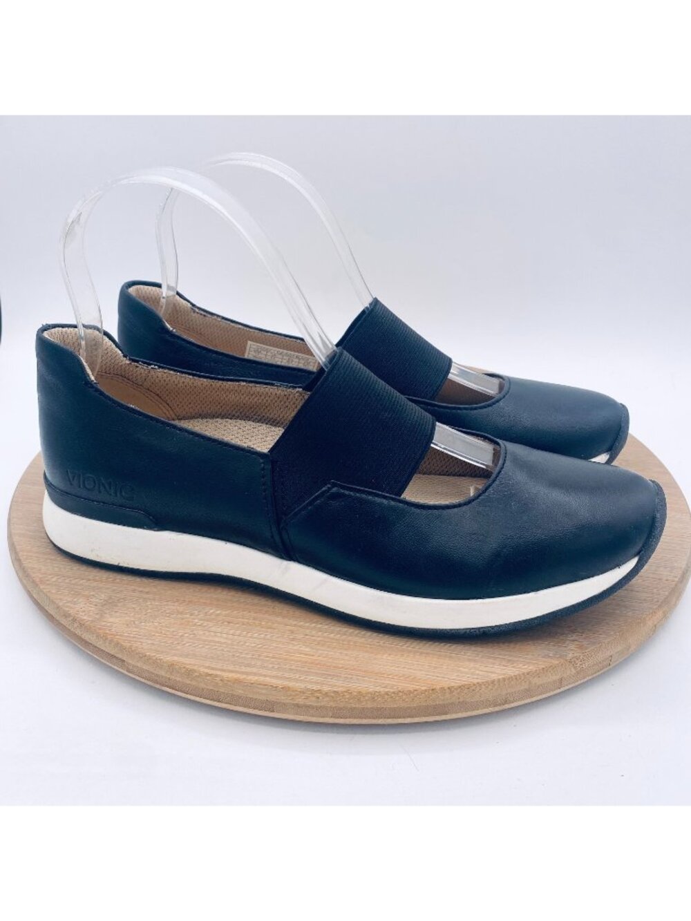 Vionic Shoes Womens 8 Black Leather Slip On Orthotic Mary Jane Flat Sporty